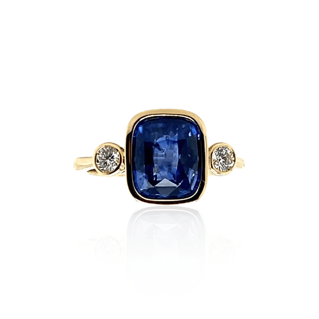 14K Yellow Gold 3.20CTW Cushion-Cut Blue Sapphire and Diamond Three-Stone Ring