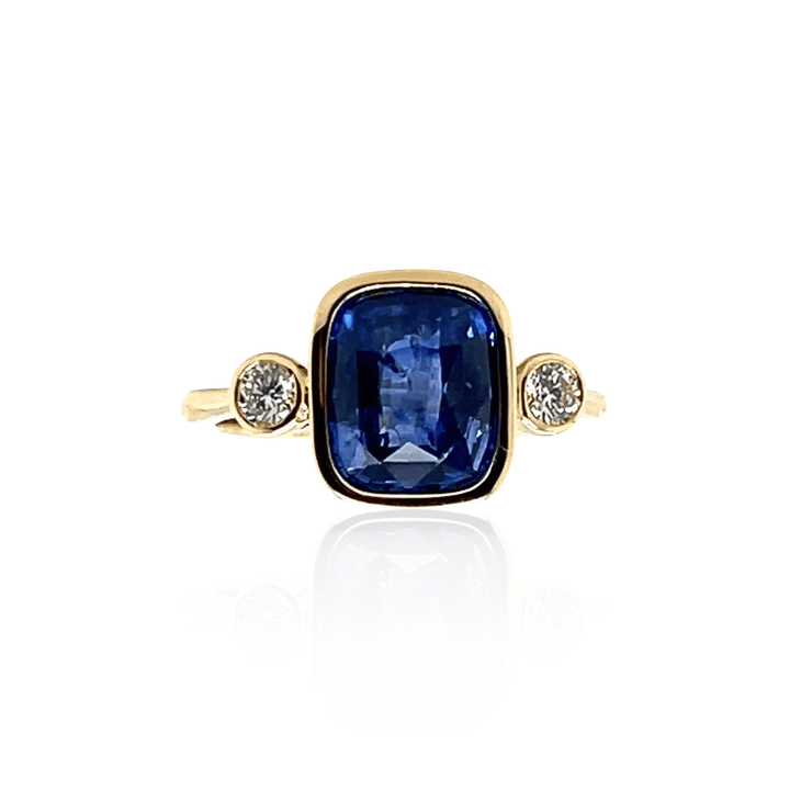 14K Yellow Gold 3.20CTW Cushion-Cut Blue Sapphire and Diamond Three-Stone Ring
