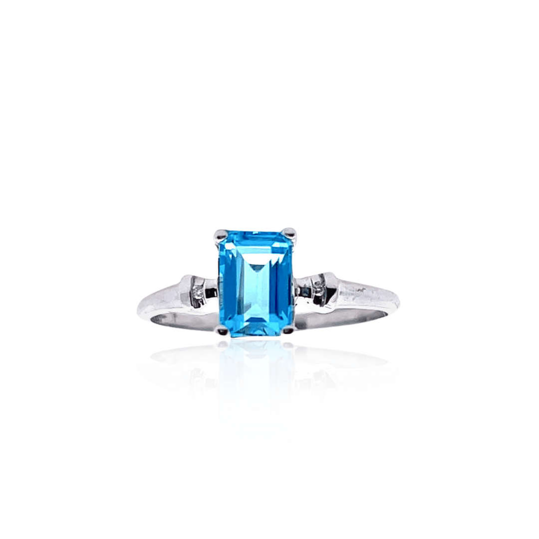 10K White Gold Emerald-Cut Blue Topaz & Diamond Ring