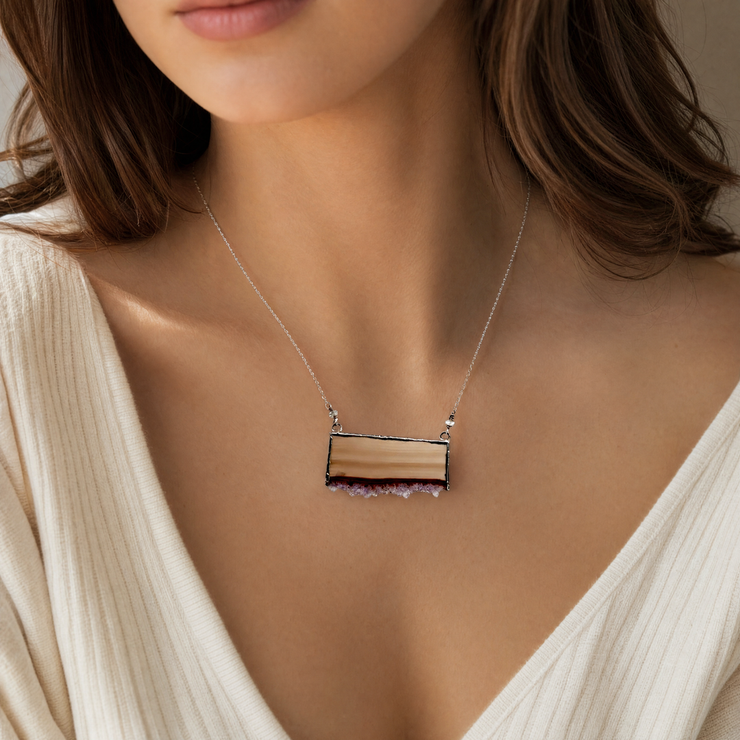 Estate Sterling Silver Agate Druzy Slab & Quartz Bead Necklace