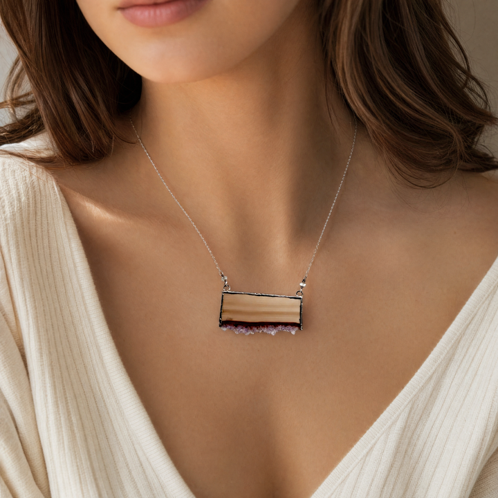 Estate Sterling Silver Agate Druzy Slab & Quartz Bead Necklace