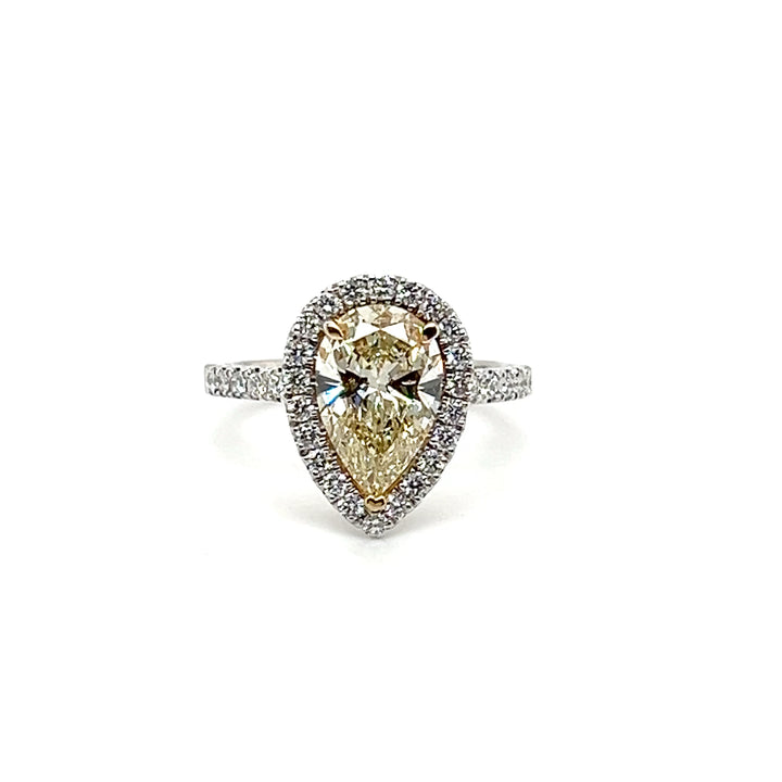 14K Two Tone White Yellow Gold 2.18ct Pear Fancy Light Yellow Diamond Halo Engagement Ring