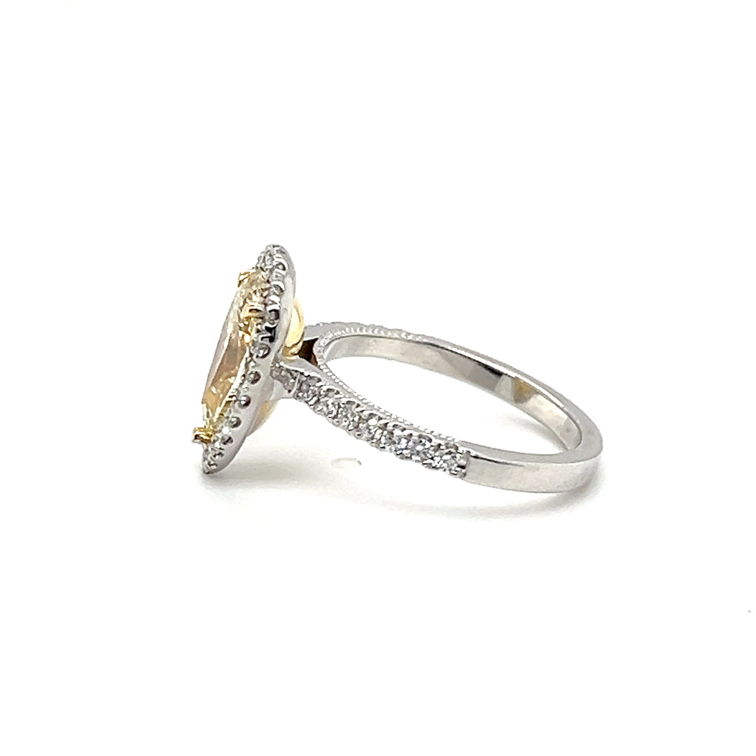 14K Two Tone White Yellow Gold 2.18ct Pear Fancy Light Yellow Diamond Halo Engagement Ring