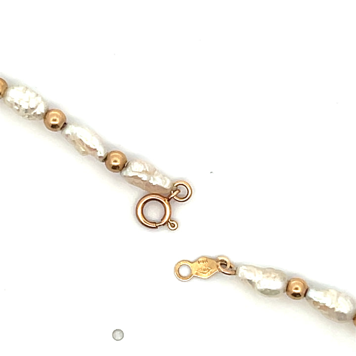 Estate 14K Yellow Gold Bead and Natural Rice Pearl Necklace