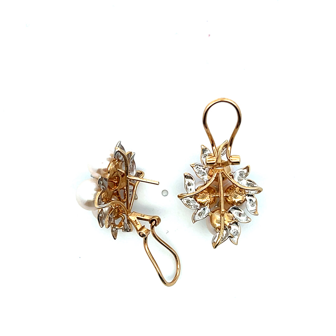 Estate 14K Yellow Gold 7.25-7.5MM Akoya Pearl & Diamond Cluster Stud Earrings