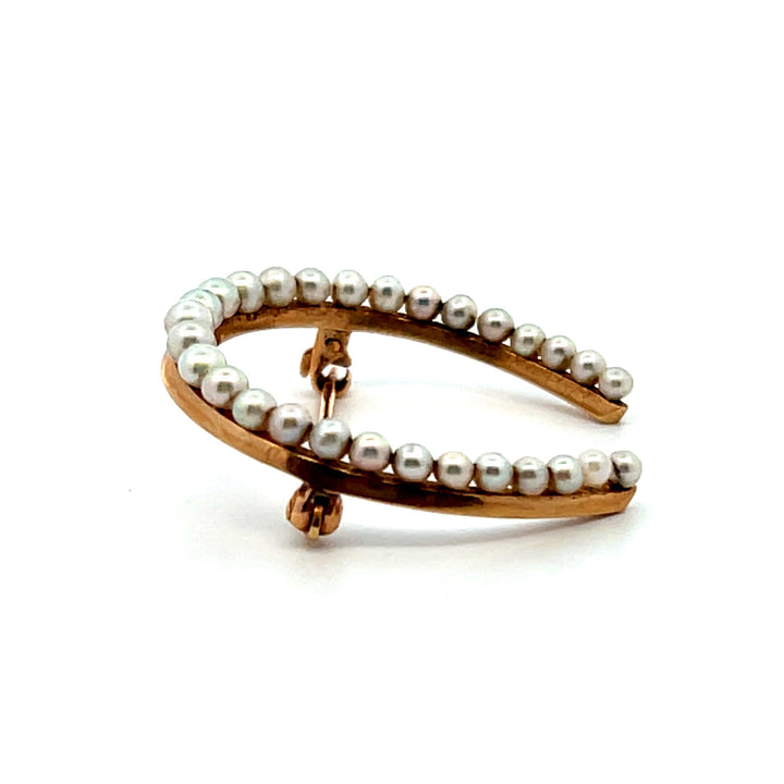 Estate 14K Yellow Gold Natural Seed Pearl Edwardian Horseshoe Brooch