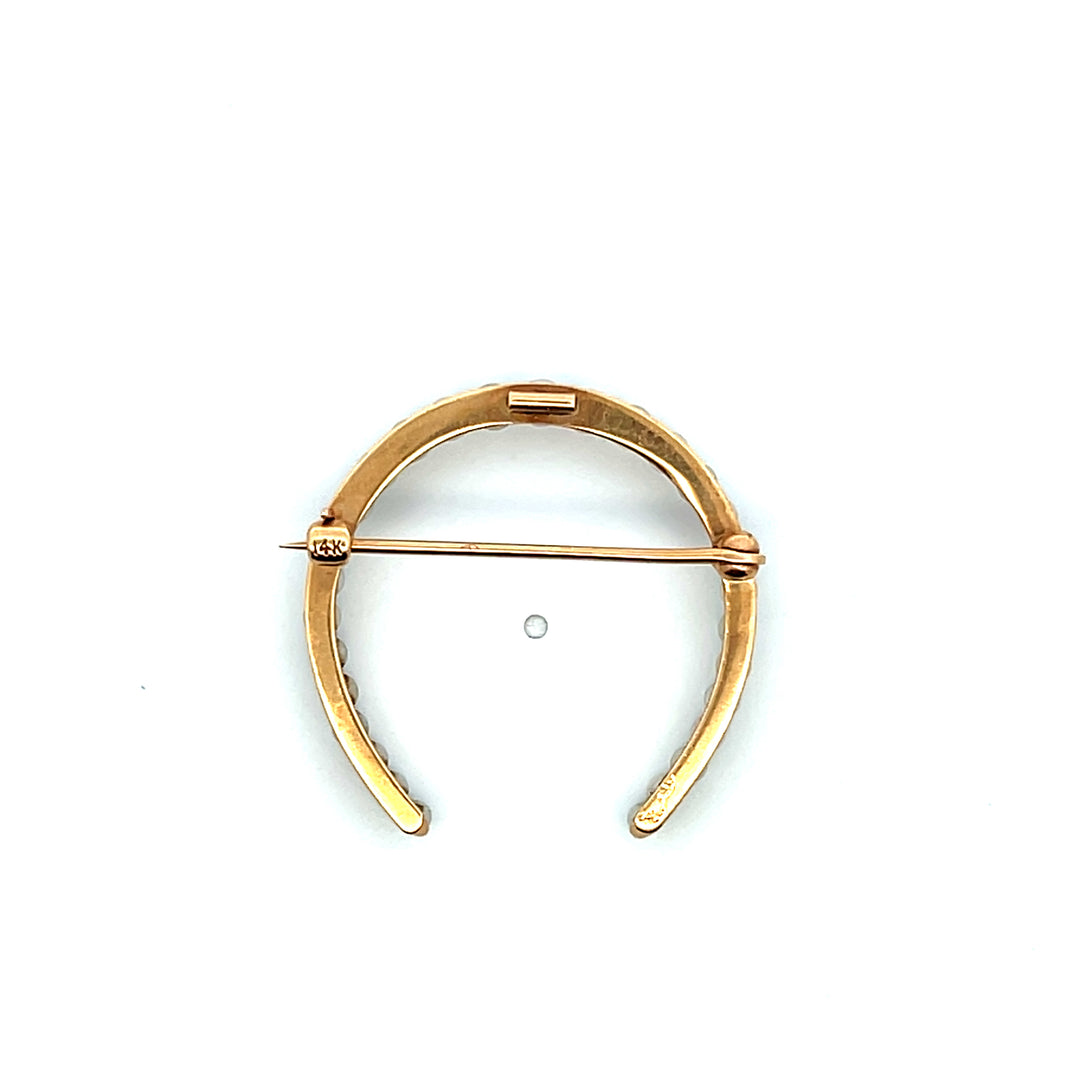 Estate 14K Yellow Gold Natural Seed Pearl Edwardian Horseshoe Brooch