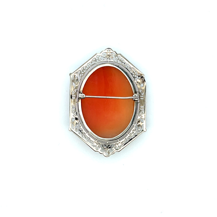 Estate 10K White Gold Shell Cameo Art Deco Brooch