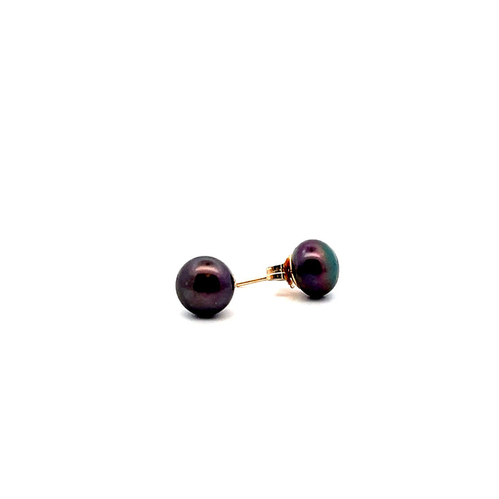 Estate 14K Yellow Gold 8MM Black Freshwater Button Pearl Stud Earrings