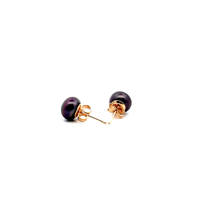 Estate 14K Yellow Gold 8MM Black Freshwater Button Pearl Stud Earrings