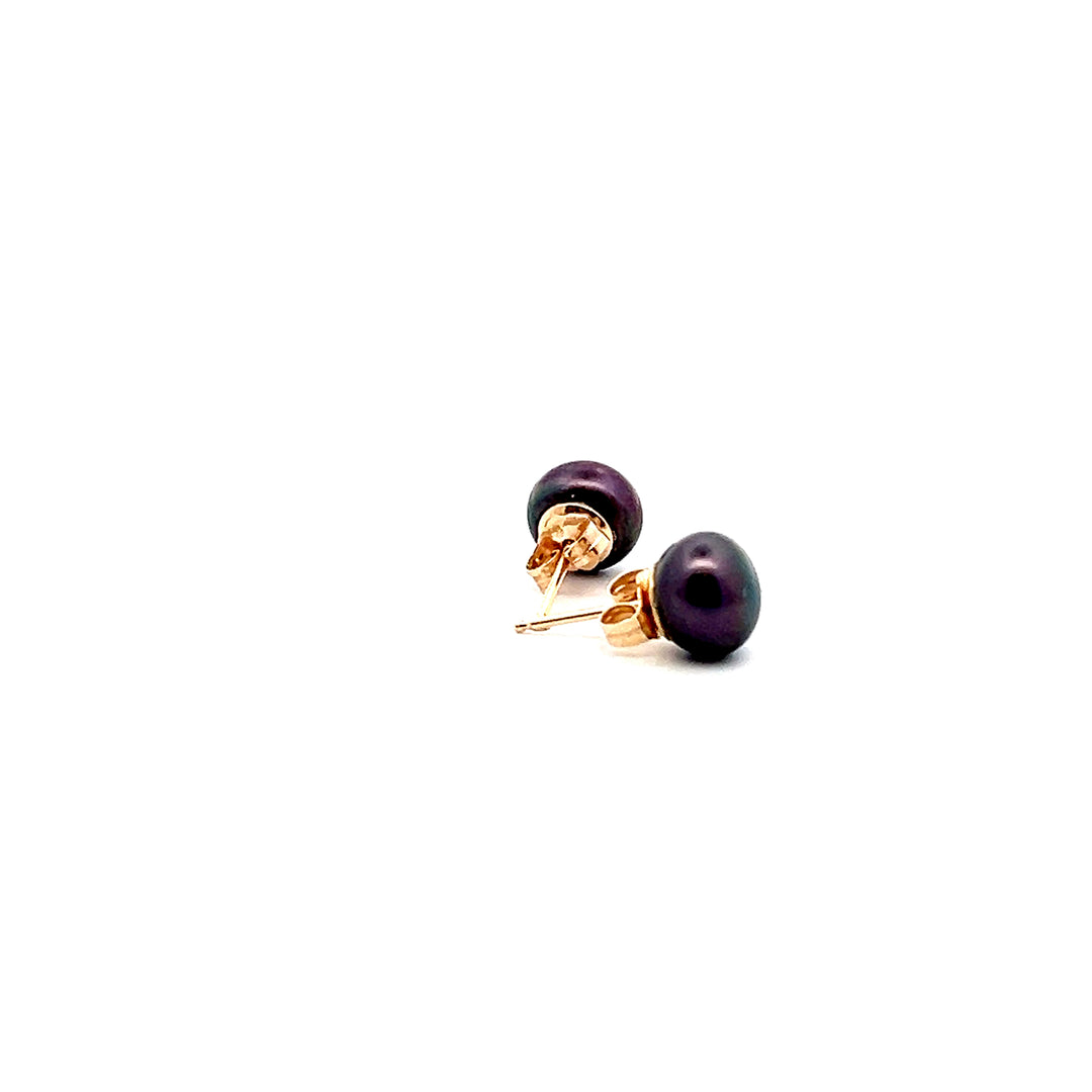 Estate 14K Yellow Gold 8MM Black Freshwater Button Pearl Stud Earrings