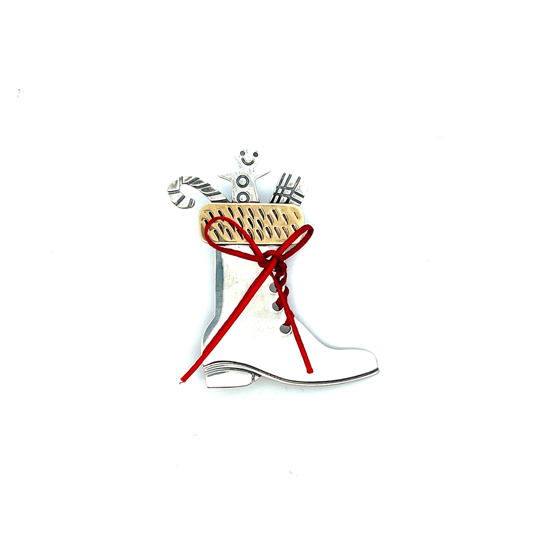 Estate Sterling Silver Santa Boot Pin with Holiday Motifs