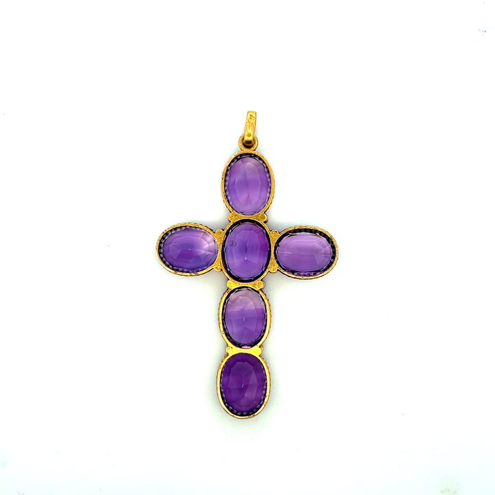 Estate 14K Yellow Gold 66.96TCW Amethyst & Seed Pearl Victorian Cross Pendant