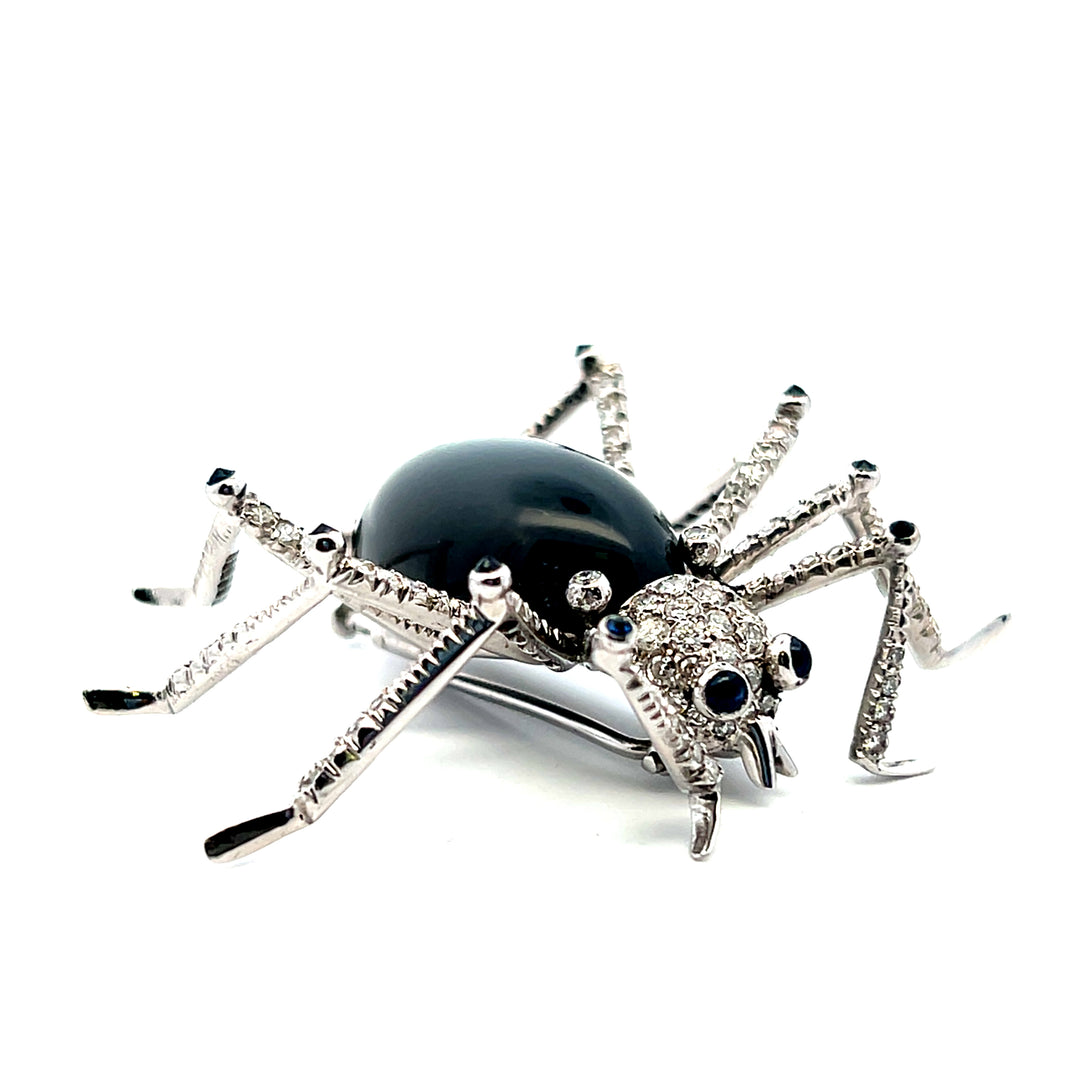 Estate 18K White Gold 41.84TCW Cabochon Moonstone, Diamond and Blue Sapphire Vintage Spider Brooch