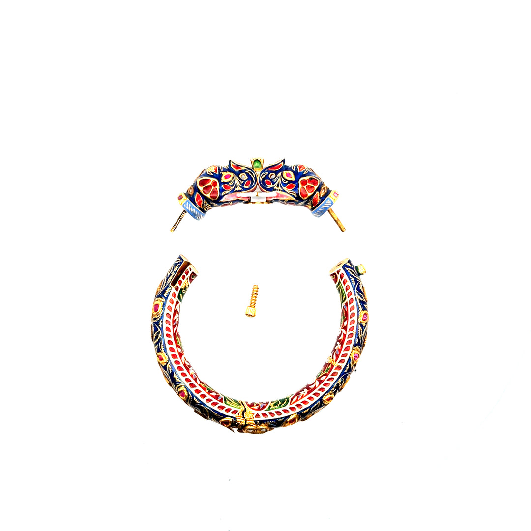Estate Gold-Filled Kundan-Style Ruby, Polki Diamond and Enamel Elephant Bangle