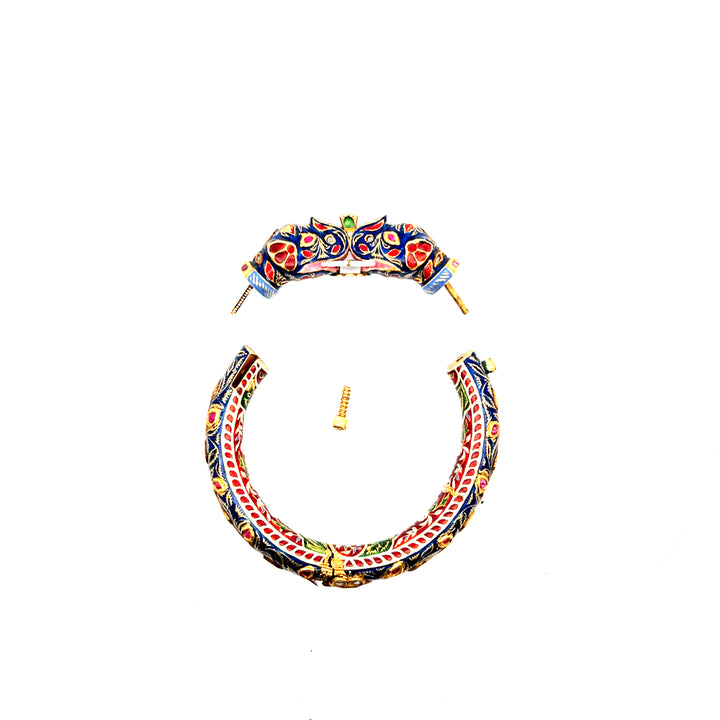 Estate Gold-Filled Kundan-Style Ruby, Polki Diamond and Enamel Elephant Bangle