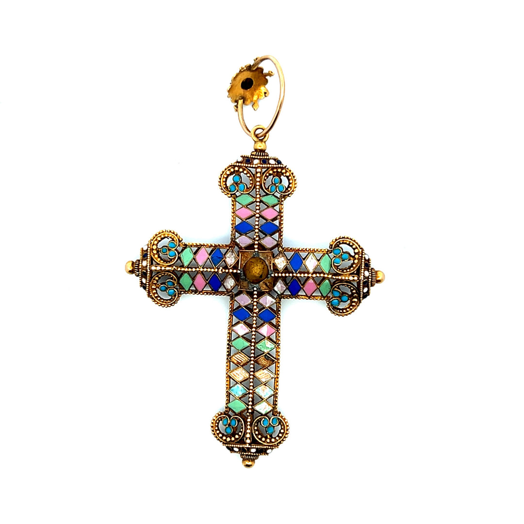 Estate Gold-Filled Multi-Color Enamel Indian Cross Pendant