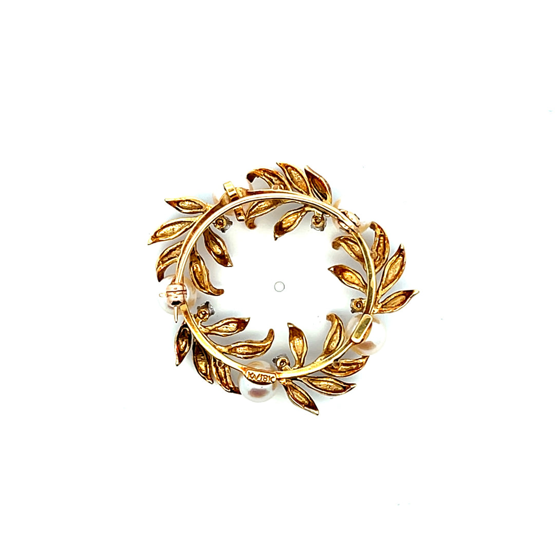 Estate 18K Yellow Gold Pearl and Diamond Vintage Wreath Brooch/Pendant