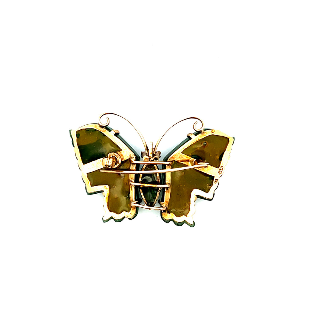 Estate 14K Yellow Gold Nephrite Jade Vintage Butterfly Brooch