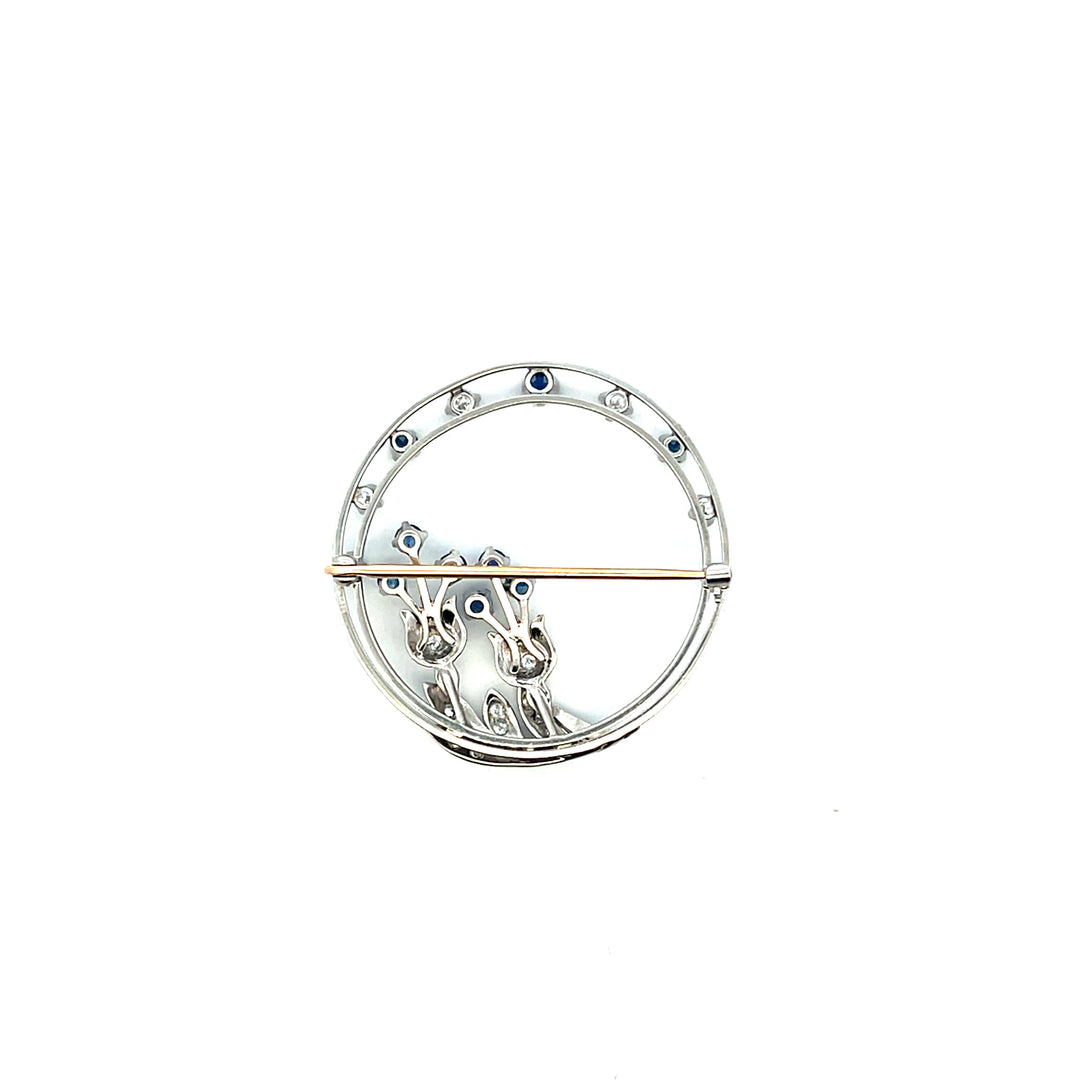 Estate Platinum 1.50CTW Diamond and Blue Sapphire Vintage Open Circle Floral Brooch