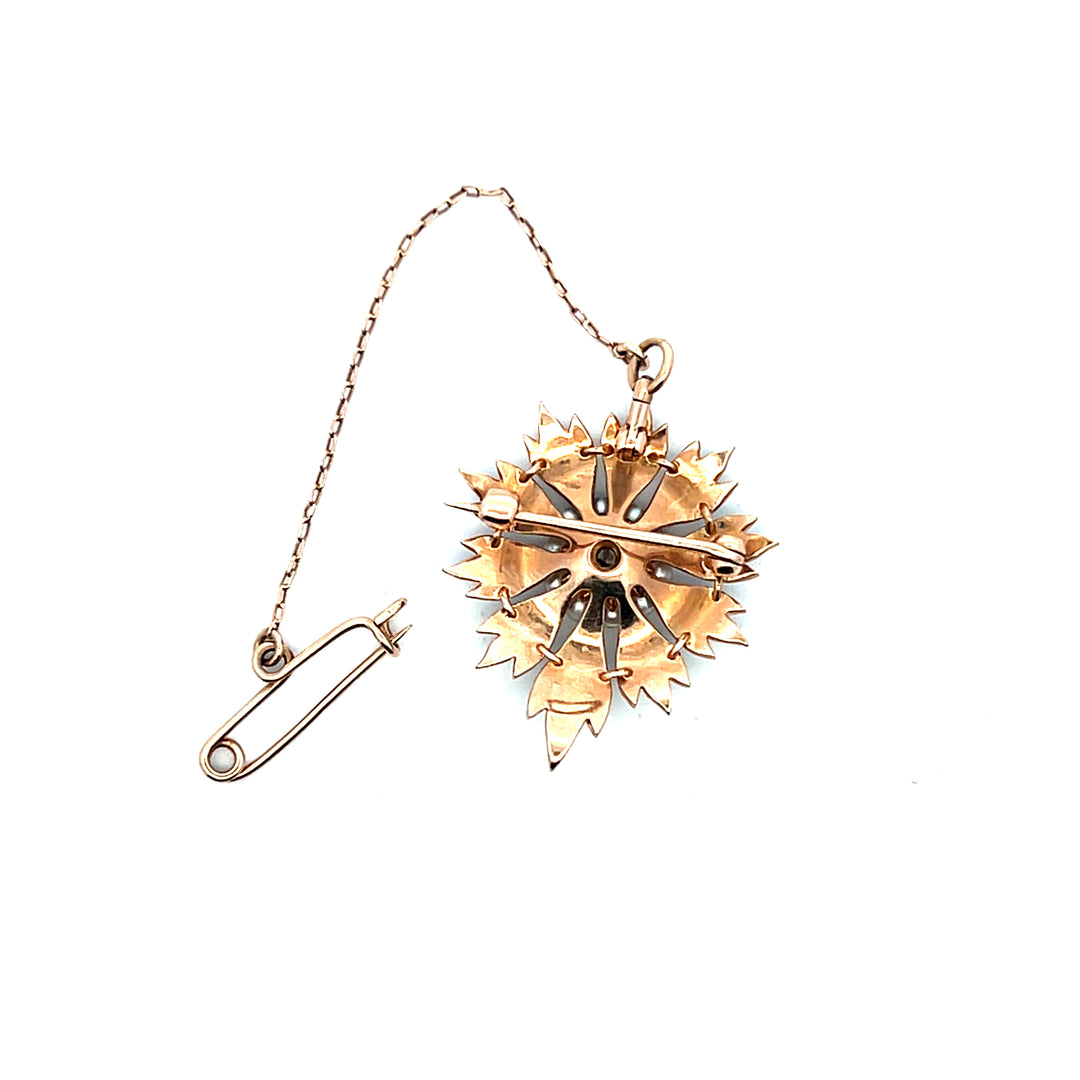 Estate 14K Yellow Gold Old European-Cut Diamond & Pearl Victorian Flower Brooch