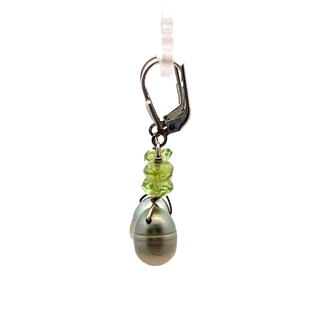 Estate Sterling Silver Dyed Green Pearl and Peridot Bead Dangle Earrings