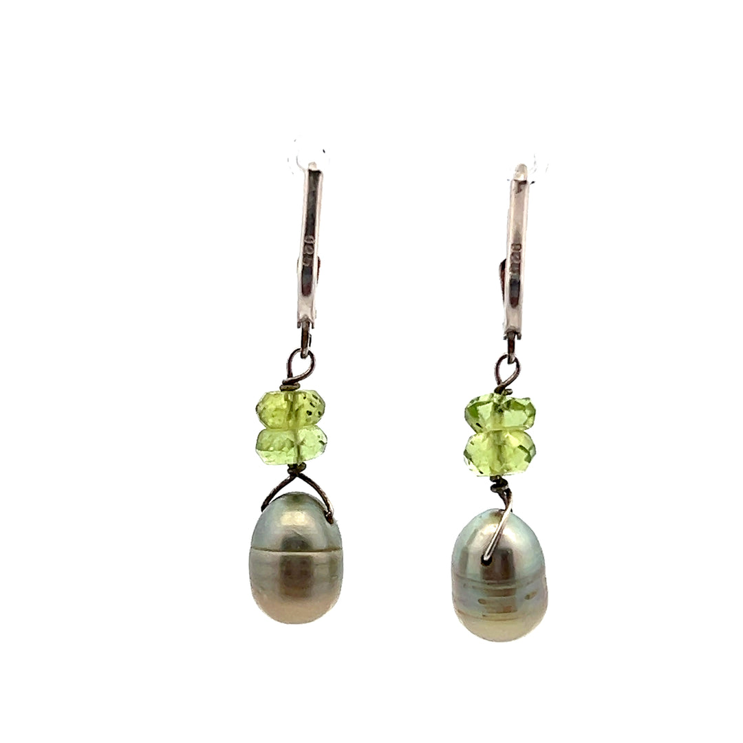 Estate Sterling Silver Dyed Green Pearl and Peridot Bead Dangle Earrings