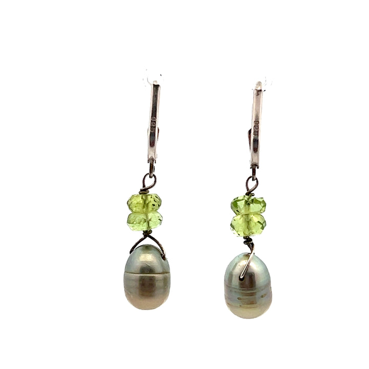 Estate Sterling Silver Dyed Green Pearl and Peridot Bead Dangle Earrings