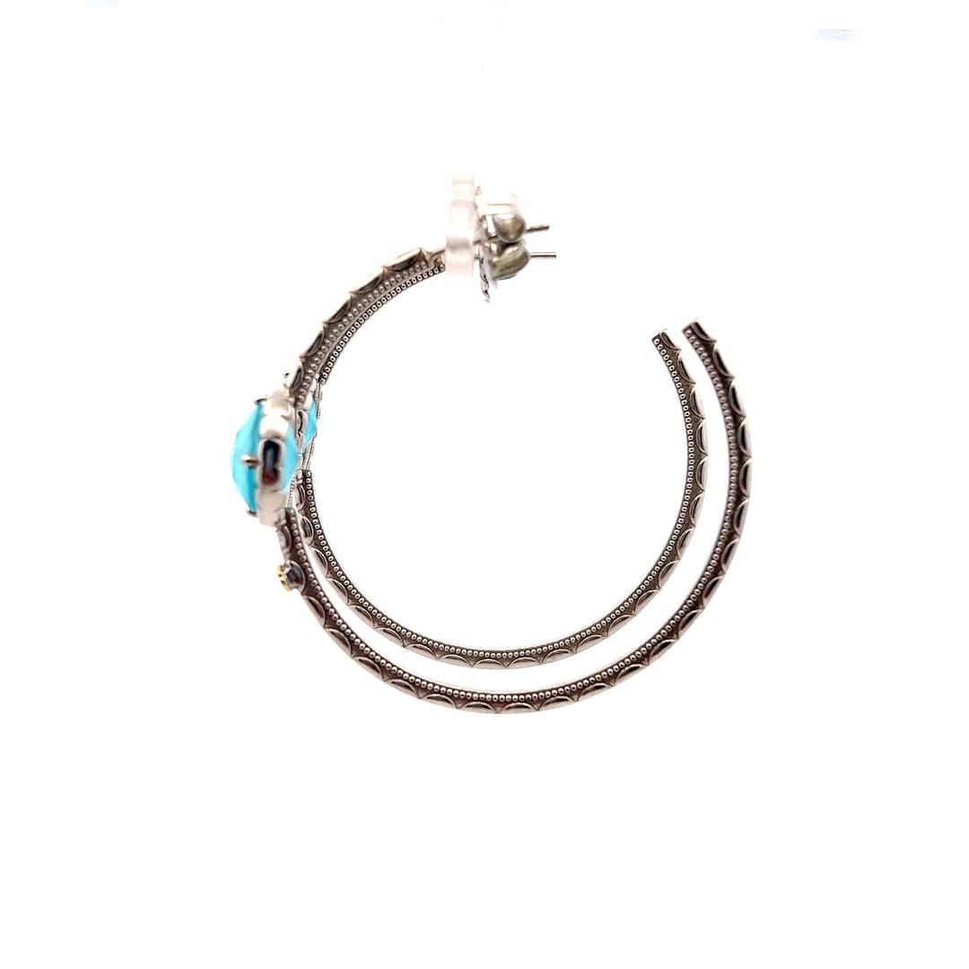 Estate Sterling Silver Quartz & Turquoise Inlay Hoop Earrings by Tacori