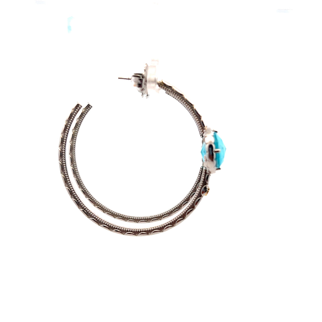 Estate Sterling Silver Quartz & Turquoise Inlay Hoop Earrings by Tacori