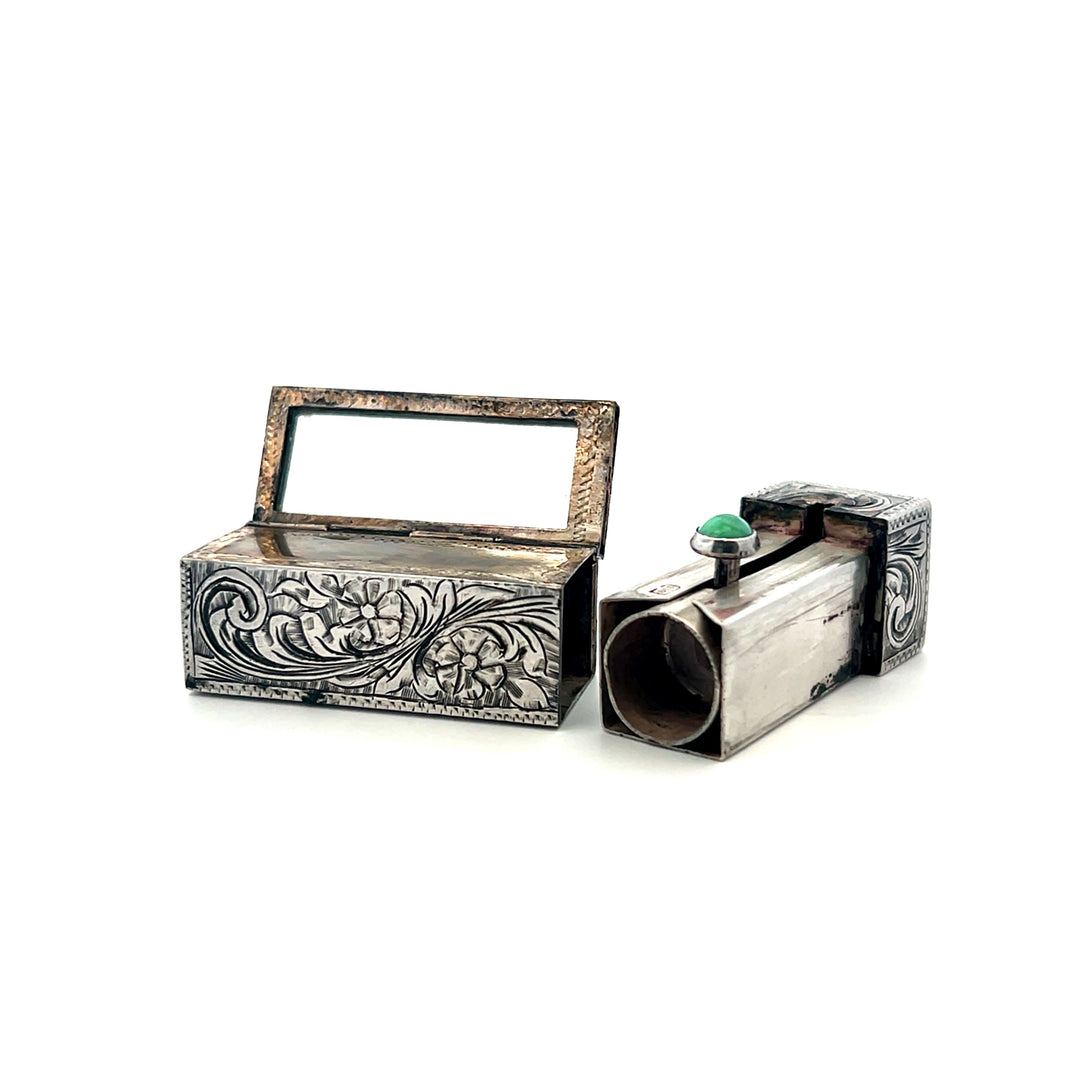 Estate Silver 800 Peking Glass Lipstick Case and Hinged Mirror Set, Vintage