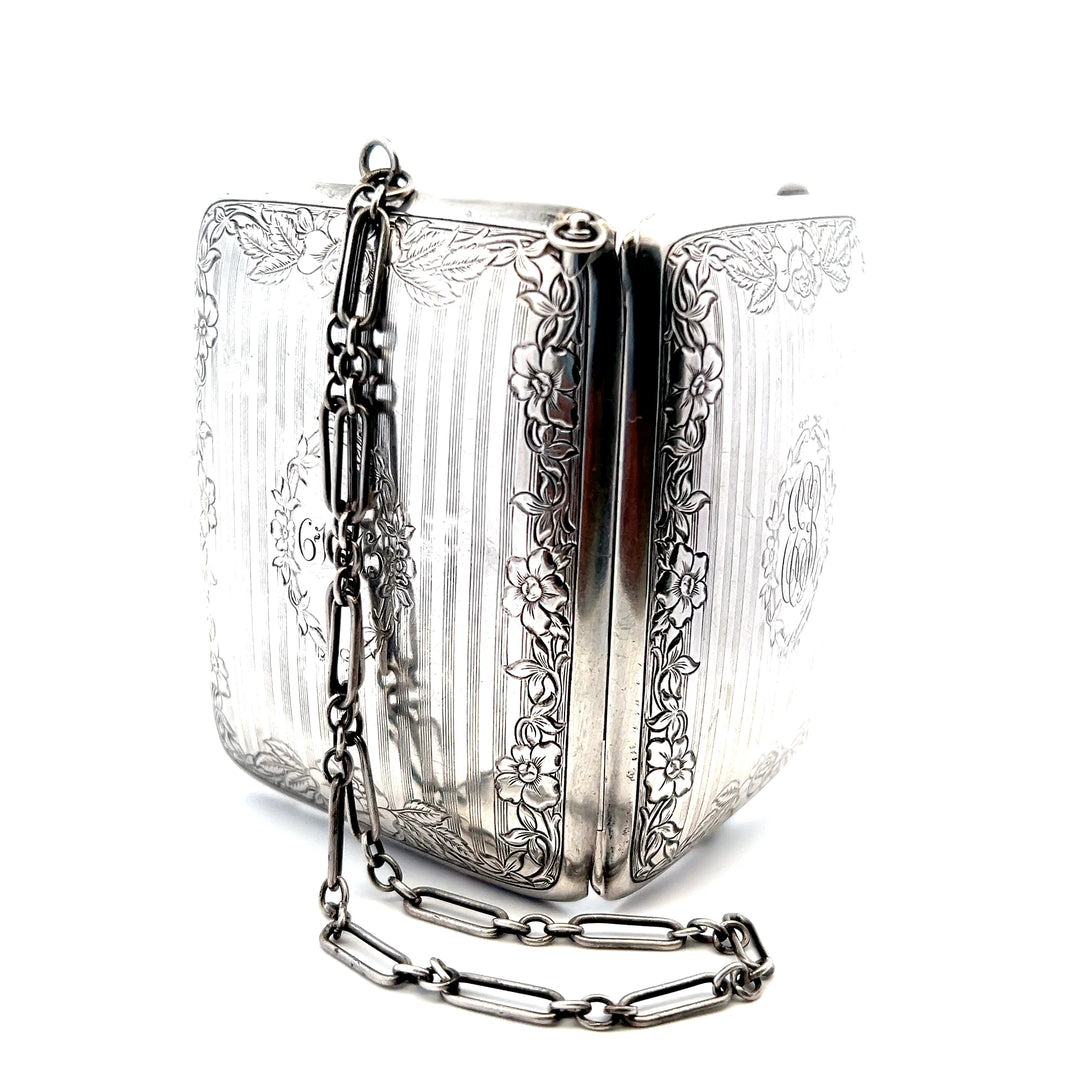 Estate Sterling Silver Floral Engraved Coin Purse and Dance Minaudière, circa 1915