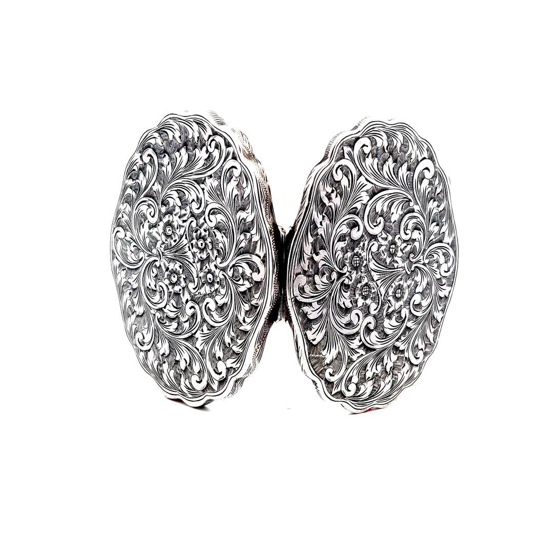 Estate Sterling Silver Floral Engraved Oval Compact with Mirror