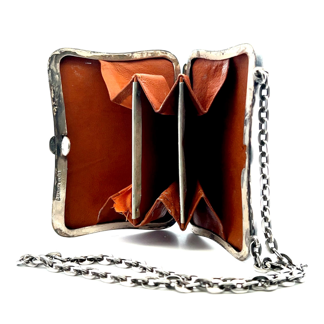 Estate German Silver "MEJ" Engraved Floral Coin Purse with Brown Leather Accordion Insert