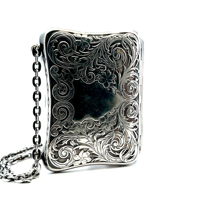Estate German Silver "MEJ" Engraved Floral Coin Purse with Brown Leather Accordion Insert