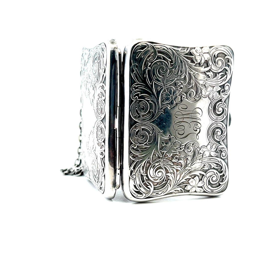 Estate German Silver "MEJ" Engraved Floral Coin Purse with Brown Leather Accordion Insert