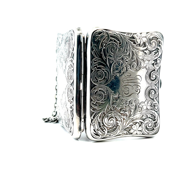 Estate German Silver "MEJ" Engraved Floral Coin Purse with Brown Leather Accordion Insert