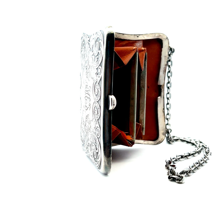 Estate German Silver "MEJ" Engraved Floral Coin Purse with Brown Leather Accordion Insert