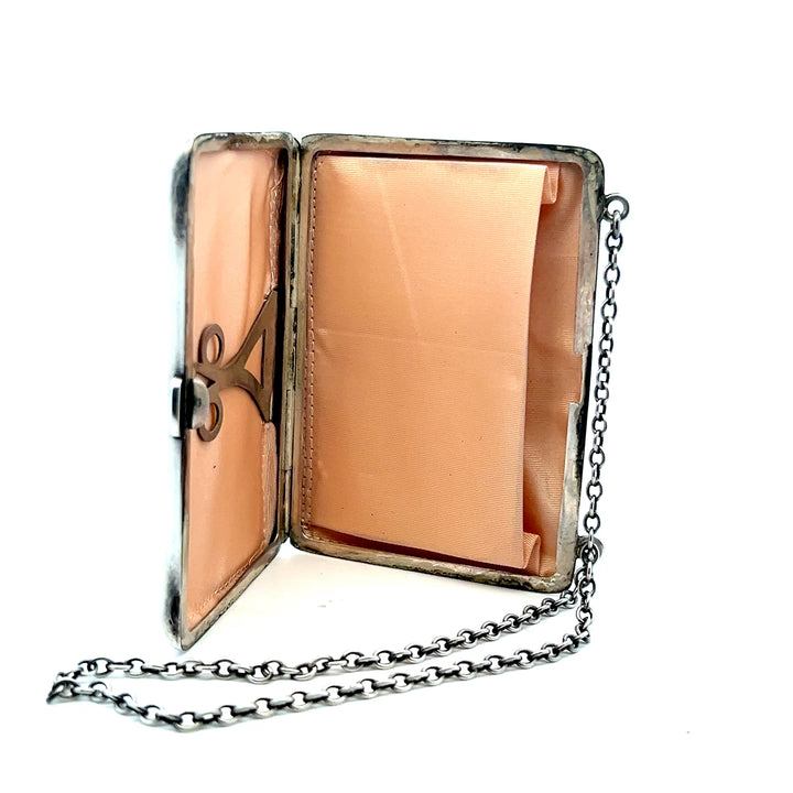 Estate Sterling Silver "JHB" Engraved Floral Coin Purse with Money Clip, Pink Fabric Insert and Chain