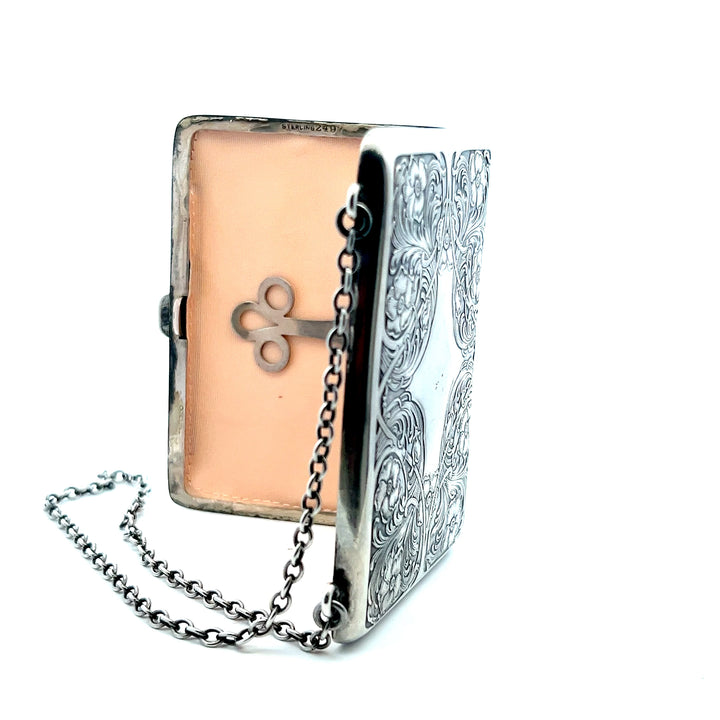 Estate Sterling Silver "JHB" Engraved Floral Coin Purse with Money Clip, Pink Fabric Insert and Chain