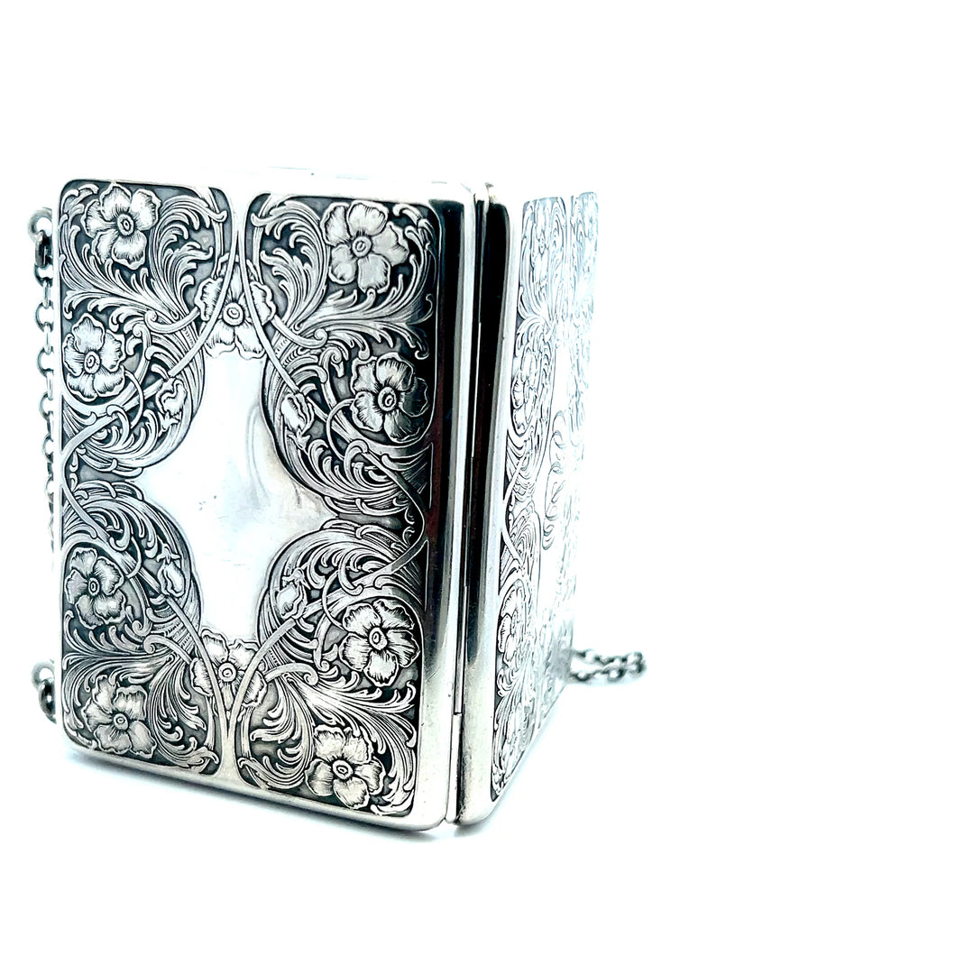 Estate Sterling Silver "JHB" Engraved Floral Coin Purse with Money Clip, Pink Fabric Insert and Chain
