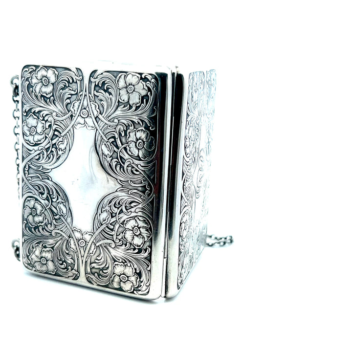 Estate Sterling Silver "JHB" Engraved Floral Coin Purse with Money Clip, Pink Fabric Insert and Chain