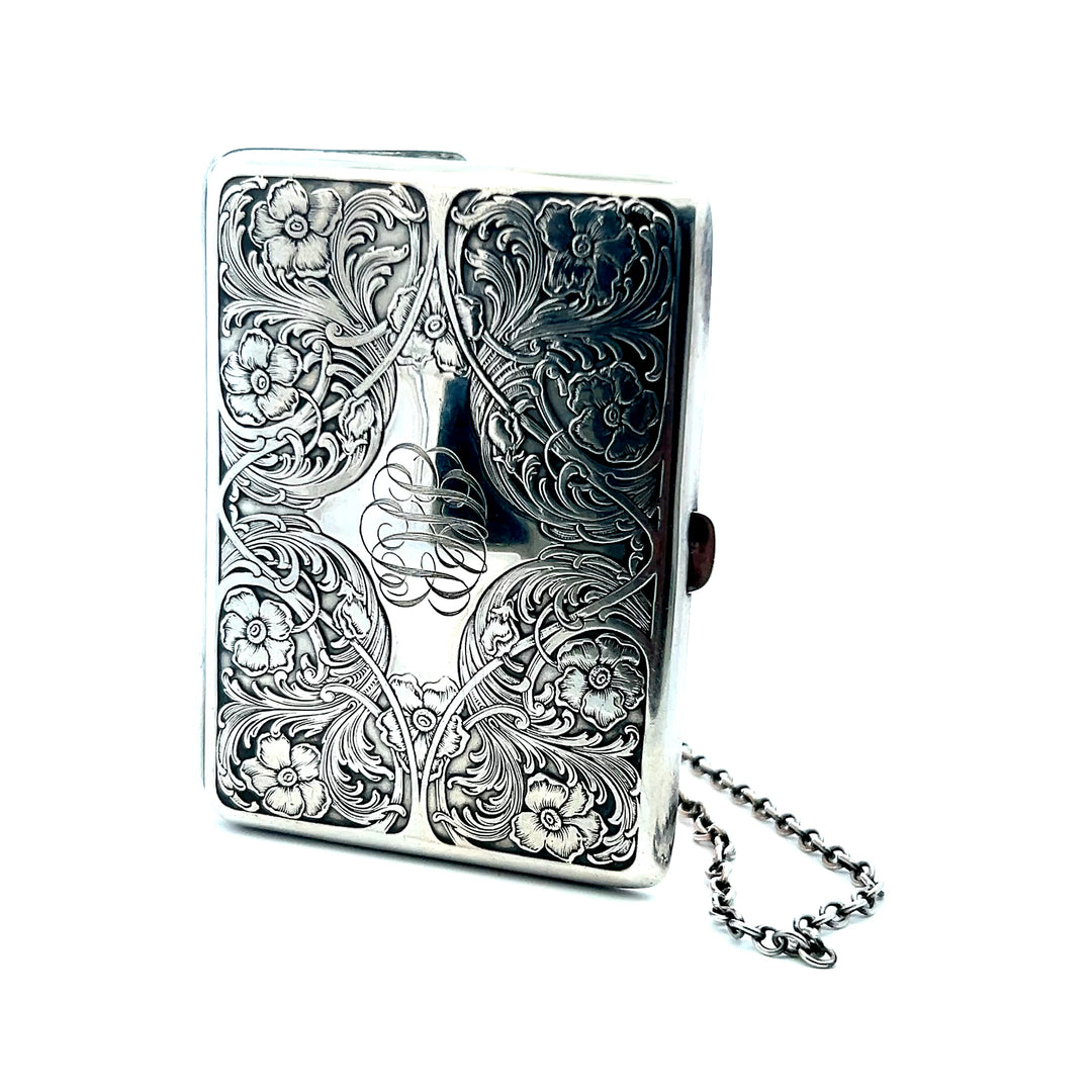 Estate Sterling Silver "JHB" Engraved Floral Coin Purse with Money Clip, Pink Fabric Insert and Chain