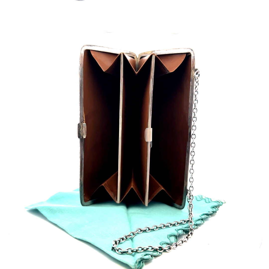 Estate Sterling Silver "LRC" Chevron and Floral Engraved Tri-Fold Coin Purse with Brown Leather Insert and Chain