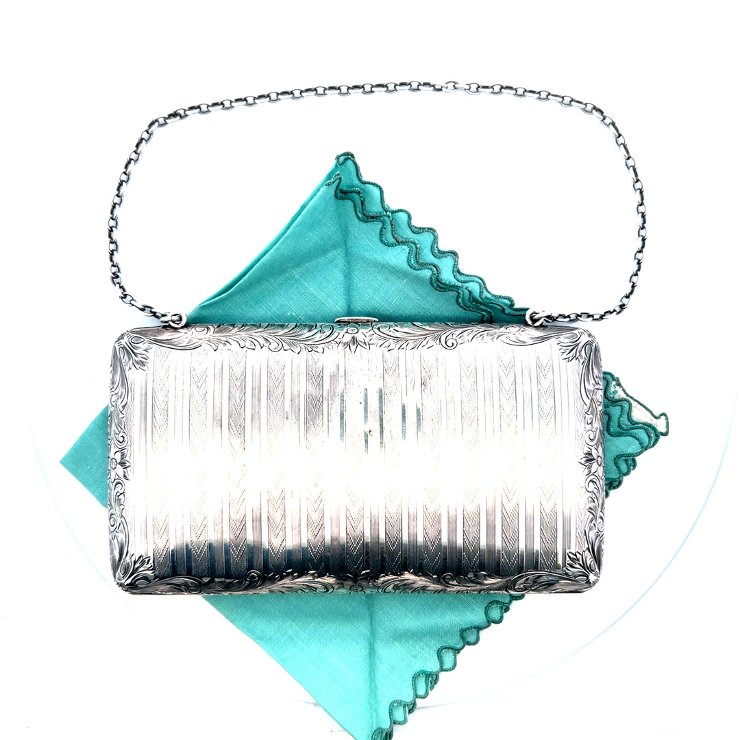 Estate Sterling Silver "LRC" Chevron and Floral Engraved Tri-Fold Coin Purse with Brown Leather Insert and Chain