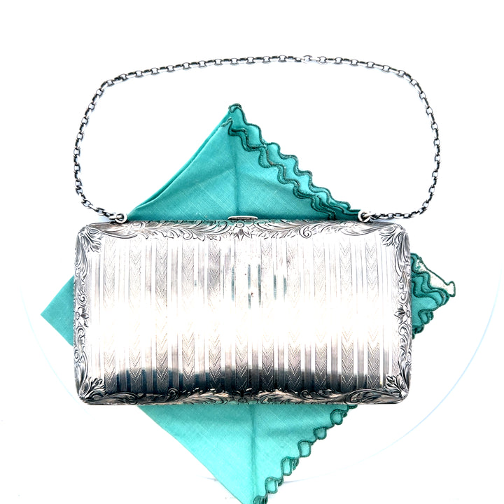 Estate Sterling Silver "LRC" Chevron and Floral Engraved Tri-Fold Coin Purse with Brown Leather Insert and Chain