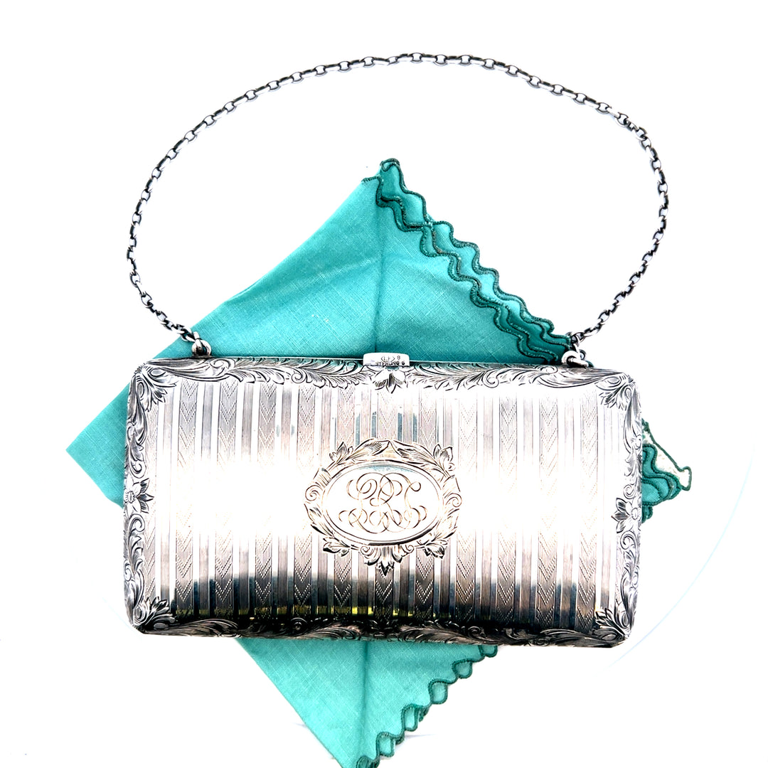 Estate Sterling Silver "LRC" Chevron and Floral Engraved Tri-Fold Coin Purse with Brown Leather Insert and Chain