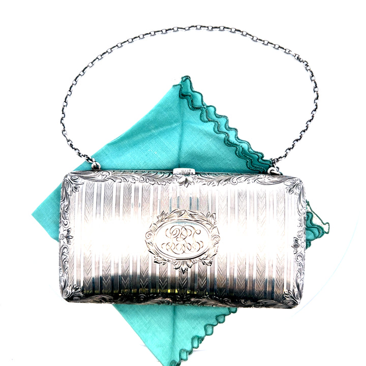 Estate Sterling Silver "LRC" Chevron and Floral Engraved Tri-Fold Coin Purse with Brown Leather Insert and Chain