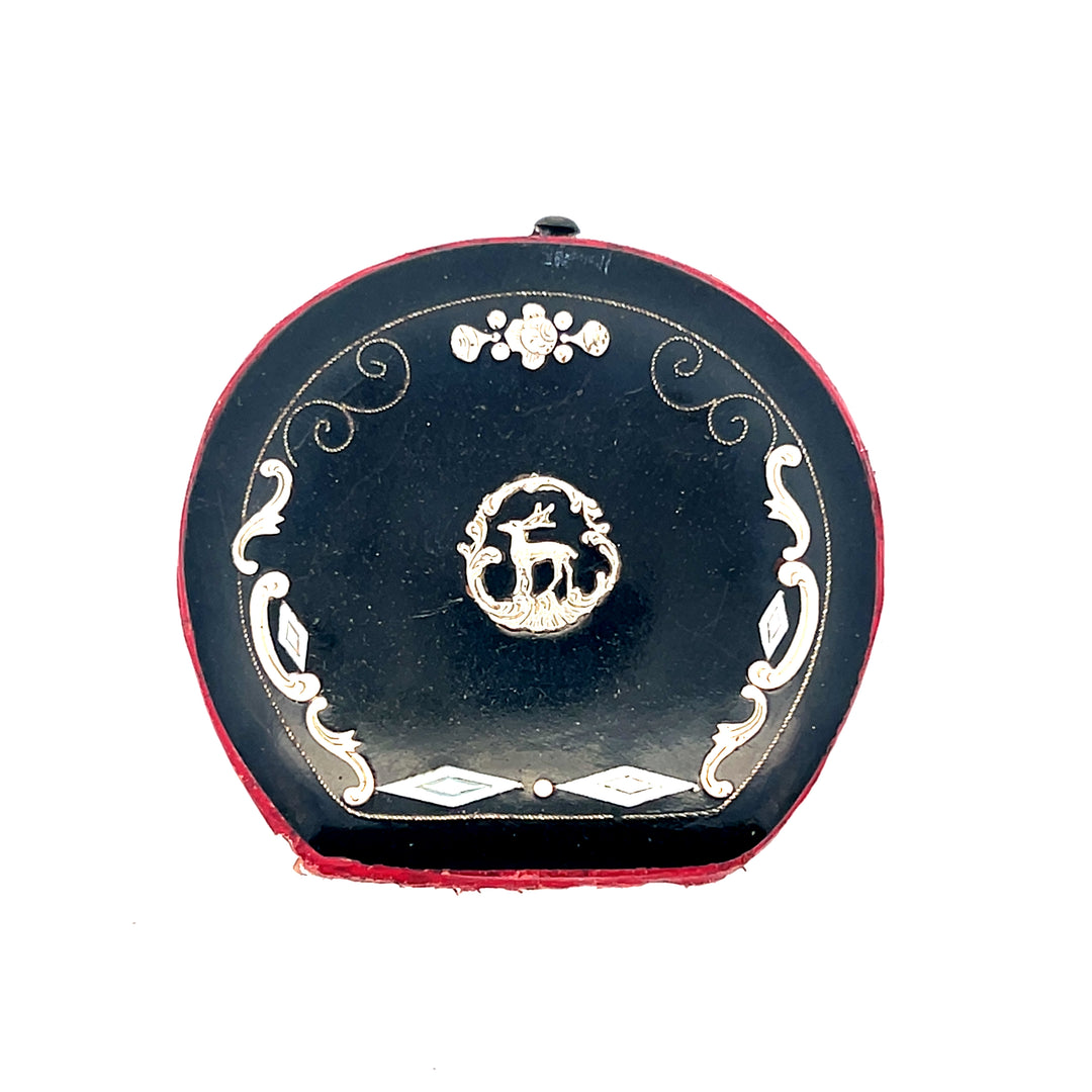 Estate Mother of Pearl, Black Enamel and Leather Coin Purse with Silver Inlay and Deer Motif, circa 1900