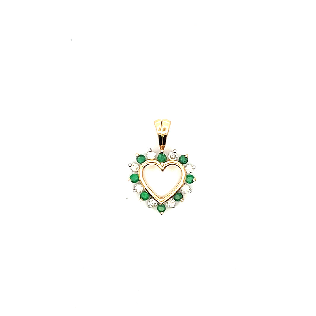 Estate 14K Yellow Gold Emerald & Diamond Open Heart Pendant